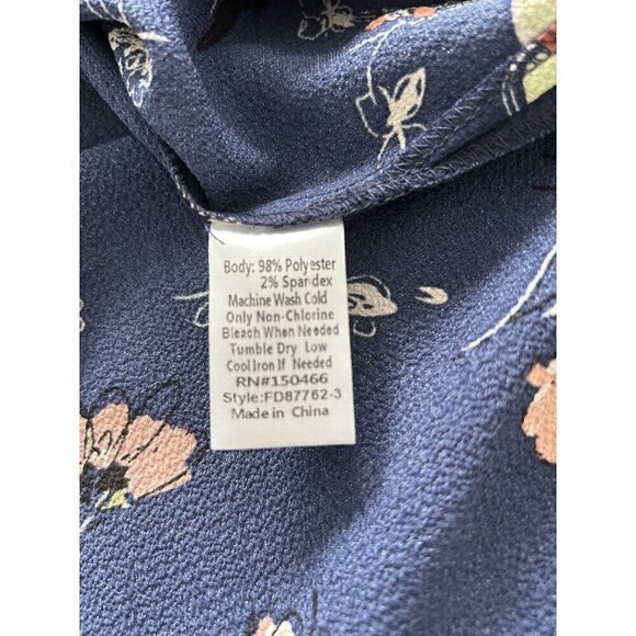 Fun2Fun Navy Blue Floral Boho Kenmore Split Neck Stretch Blouse Size S - Picture 7 of 9